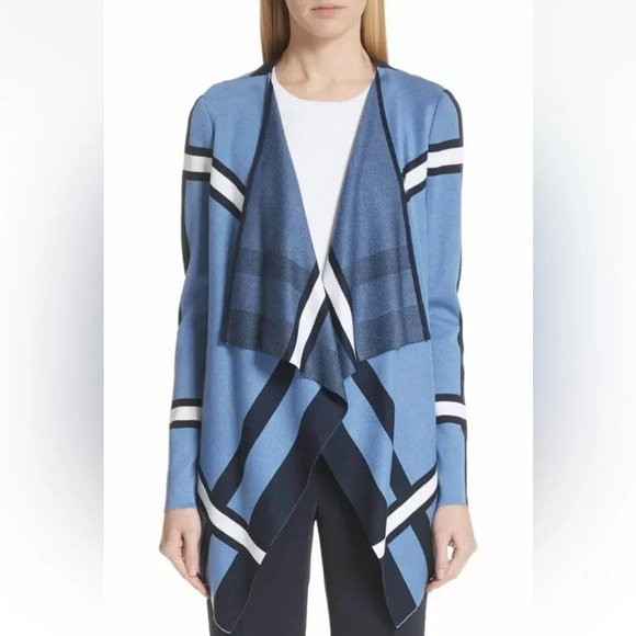 St. John Sweaters - ST JOHN Size P Cardigan Blue White Stripe Knit Wool Open Front Long Sleeve